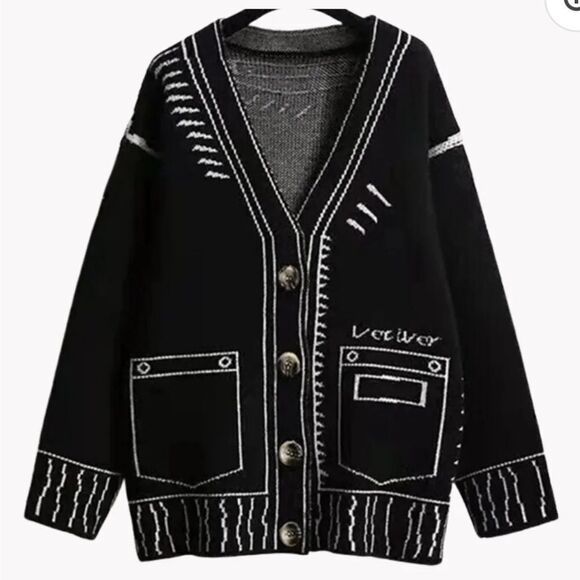 COMIC EFFECT CONTRAST KNIT CARDIGAN BLACK & WHITE ONE SIZE - Picture 2 of 6